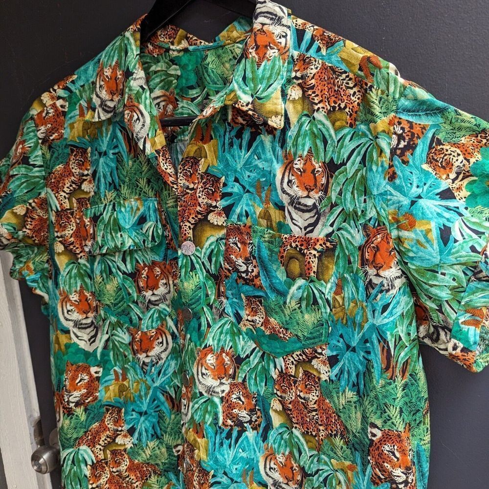Vintage 90s Mens Jungle Print Short Sleeve Button Down Shirt XL Tiger Leopard